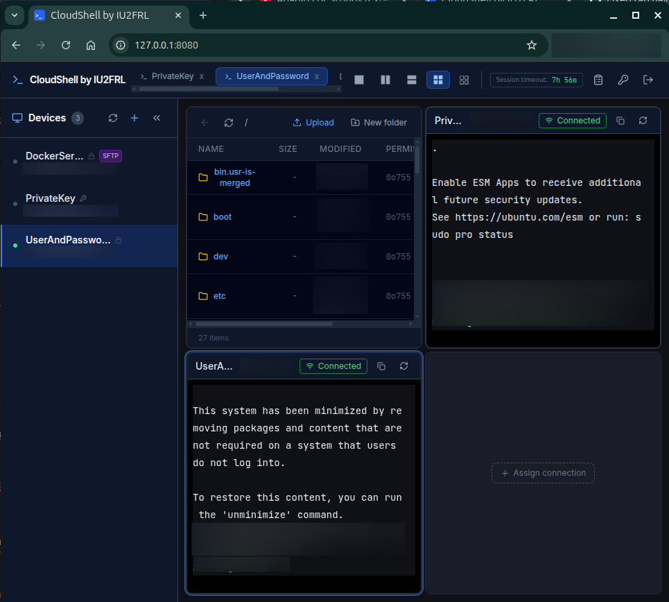 CloudShell terminal dashboard showing an active SSH session with multi-tab navigation